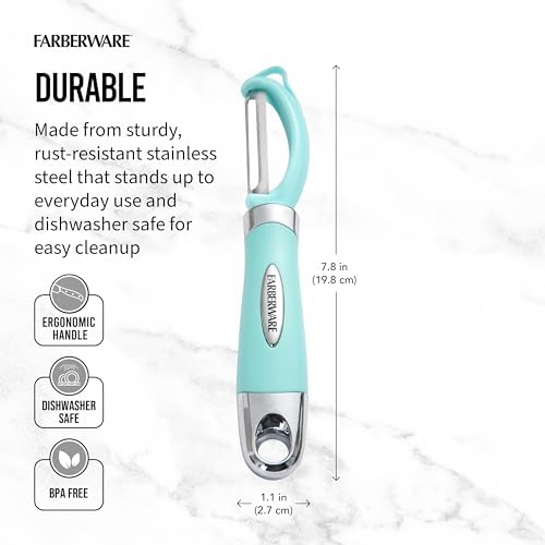 Farberware Vegetable Peeler, Pro2 Euro Peeler with Sharp Stainless Steel Swivel Blade and Ergonomic Handle, Dishwasher Safe, Aqua Sky