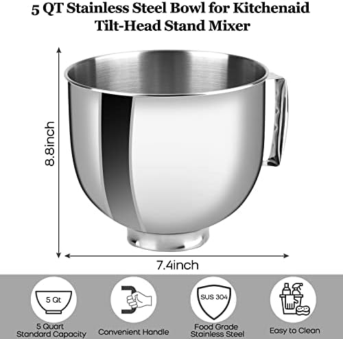 Stainless Steel Bowl Compatible with Kitchenaid Mixer 4.5/5QT，With Grey Lid,5 Quart Stainless Bowl for Kitchen Aid Mixing,With Green Lid