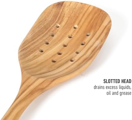 Calphalon Edge Slotted Spoon, 13-Inch Italian Olive Wood Strainer Spoon, Cooking Spoon for Draining, Stirring & Serving, Nonstick-Safe Kitchen Utensil