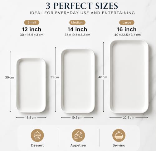 Serving Platters Set of 3, 12/14/16 Inch Large White Ceramic Serving Platters with Modern Upright Rims, Rectangular Serving Trays and Dishes for Entertaining, Party & Buffet