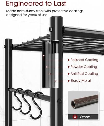 Sakugi 4-Tier Storage Shelves with 6 Hooks, 33.2" x 12.7" x 57.3", Black