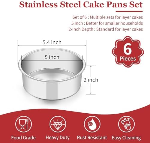 TeamFar 5 Inch Cake Pan Set of 6, Stainless Steel Small Layer Cake Pans Tin