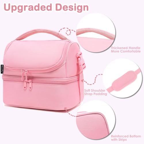 FlowFly Double Decker Cooler Insulated Lunch Bag Large Tote for Boys, Girls, Men, Women, With Adjustable Strap,Pink
