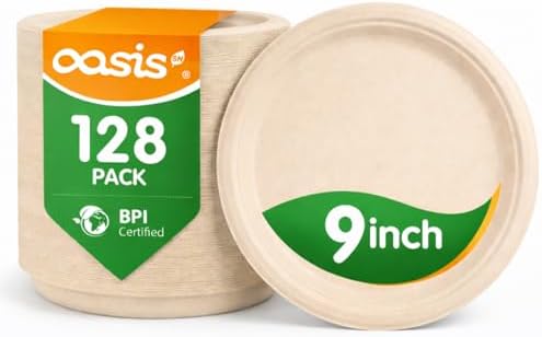 9 Inch Paper Plates 128 Pack, Heavy Duty Disposable Dinner Plates, Compostable Sugarcane Bagasse Plates, Leak Resistant, Microwave Safe, Cut Resistant, Natural