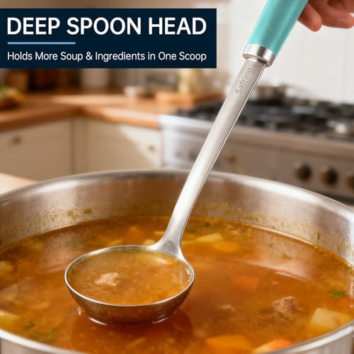 Safring Stainless Steel Soup Ladle and Spaghetti Spoon Set, Heat Resistant Rubber Handle, Dishwasher Safe, Kitchen Utensils for Cooking, Stirring, Serving Pasta, Soup & Sauce (Aqua Sky)