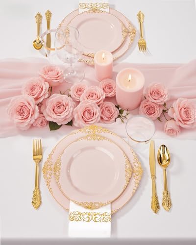Nervure 350Pcs Pink Plastic Plates, Plastic Dinnerware Set for 50 Guests