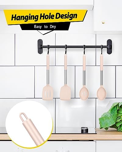 Pack of 4 Silicone Cooking Utensils Set, Non Stick Large Solid Spatulas, Heat Resistant Stainless Steel Khaki Slotted Spoons, Ideal BPA Free Kitchen Turners for Frying, Mixing,Serving,Draining,Turning