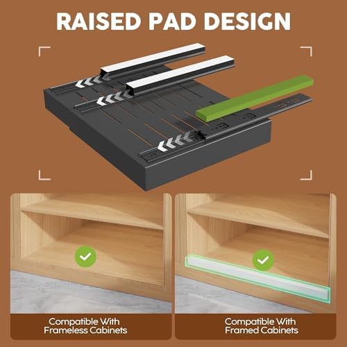 Seinloes 2 Pack Expandable Pull Out Cabinet Organizer 21"Deep With Raising Pad for Framed Cabinets,Upgrade 3 Slide Rails Slide Out Drawers,Roll Out Shelves Adhesive,Adjustable Width 15.15"-26.3" Black