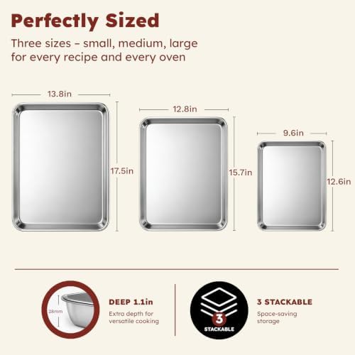 𝟒𝟏%𝟎𝐟𝐟 Baking Sheet Set of 3: Stainless Steel Cookie Sheets for Baking