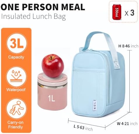 NOL Small Insulated Snack Bag Mini Freezable Cooler Pouch 3L fit 3 Cans | Wide-Mouth 6hours Cool & Warm Lightweight Leakproof Nylon Box for Work Travel Light blue