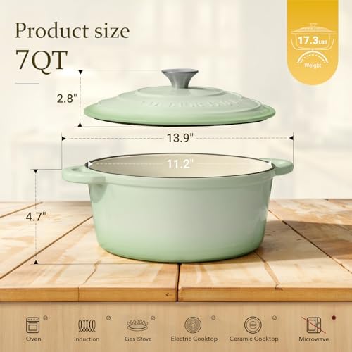 Overmont Enameled Cast Iron Dutch Oven - 7QT Pot with Lid Cookbook & Cotton Potholders - Heavy-Duty Cookware for Braising, Stews, Roasting, Bread Baking Verdant