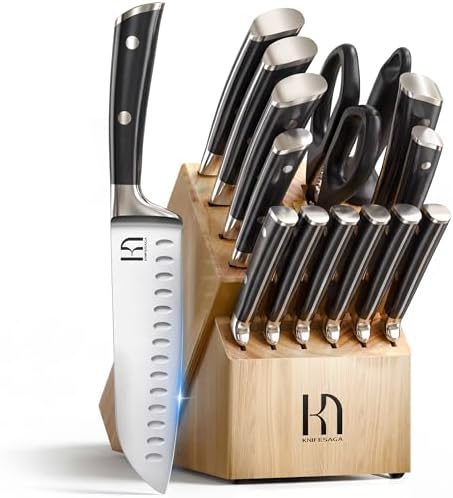 KnifeSaga Japanese 15-pc Kitchen Knife Block Set, Razor Sharp, Professional