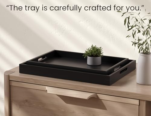 Fibogollo Bamboo Set of 2 Serving Tray with Handles,Decorative Trays Platter,Breakfast Tray in Bed,Food Drinks Tray for Eating,Working,Storing(Black)