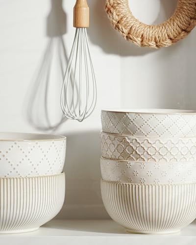 getstar Large Serving Bowls (9.5 inch & 92 fl oz), Ceramic Salad Bowl Set of 2, Microwave and Dishwasher Safe (Embossed Stripes)
