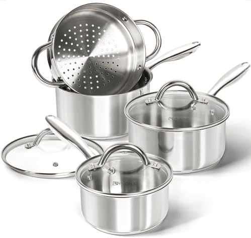 MICHELANGELO Stainless Steel Pot Set with Steamer, 1QT & 2QT & 3QT, 7-Piece
