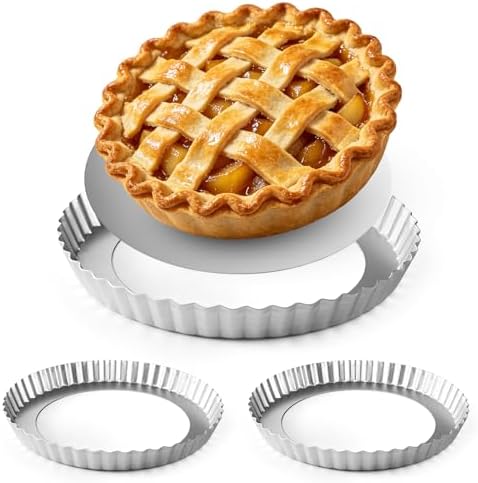 2 Pack 9 Inch Tart Pan with Removable Bottom Non-Stick Carbon Steel Quiche Pan for Oven Baking Molds for Pies Quiches Fruit Tart Cake with Fluted Edges, Silver (1 Inch Deep)