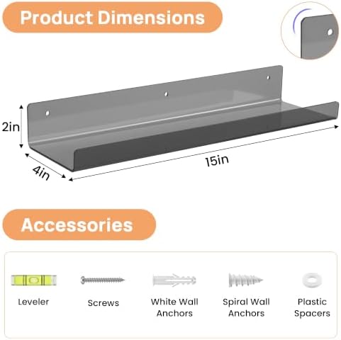 upsimples 4 Pcs 15" Acrylic Shelves for Wall Decor and Display, Clear Black