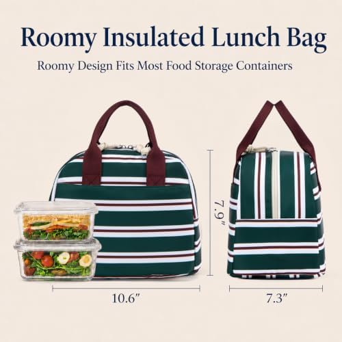 LOVELYWIND Lunch Box for Women, Insulated Lunch Bag, Green Striped Tote