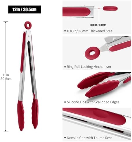 Doosu Kitchen Tongs with Silicone Tips for Cooking Serving (12in, Red)