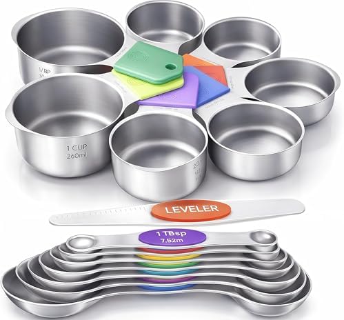 Magnetic Measuring Cups and Spoons Set304 Stainless Steel Dual Scale Set of 15, Strong N52 Magnetic Nesting Design with Leveler, for Dry&Liquid Ingredients, Dishwasher Safe(Colorful)