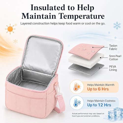 Lunch Bag for Women Insulated Pink Lunch Box Quilted Puffer Lunch Tote