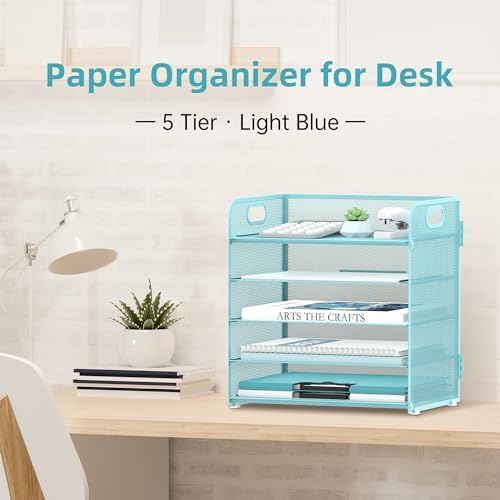 SUPEASY 5 Tier Desk Organizer with Handle, Mesh Paper/File Organizer for Desk, Paper Tray Organizer for Office Supplies, Light Blue