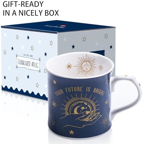 Blue Celestial Coffee Mug, "Your Future is Bright" Inspirational Theme Ceramic Mug, 12 oz New Bone China Mug with Tarot Symbols of Sun, Moon & Stars, Designed in England by Harvest Green Studio