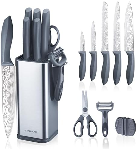 RAXCO Kitchen Knife Set,10-Piece Stainless Steel Knife Set with Block,Gray