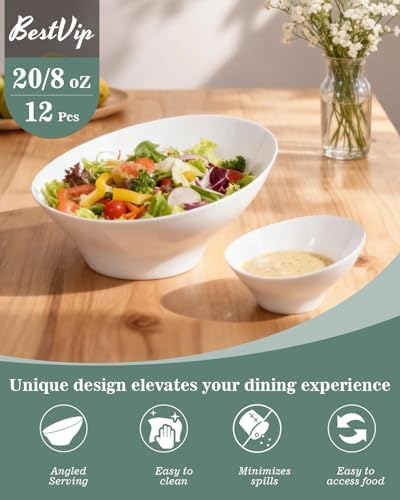 BESTVIP 8 Oz White Plastic Angled Serving Bowls, 12 Pack