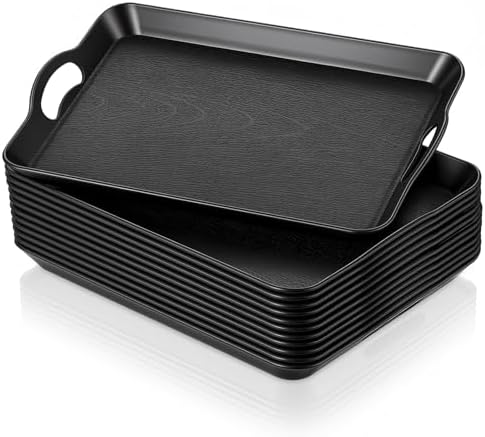 Kathfly 12 Pack 16" x 11" Serving Trays with Handles, Plastic Tray, Black
