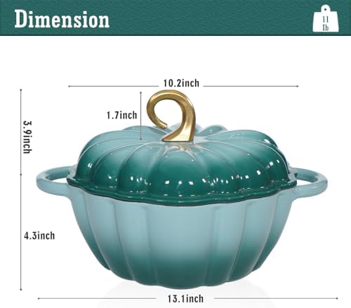 Pumpkin Enameled Cast Iron Dutch Oven with Lid, 4.5 QT Dual Handles and Heavy Duty Pot, Oven Safe up to 500°F for Bread Baking, Braising, Cooking and Family Gifts, Cyan