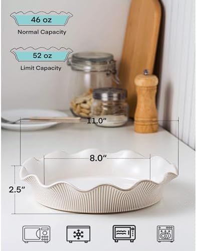 Ceramic Deep Pie Pan for Baking, 11 inch Porcelain Pie Dish for Apple Pie, Oven & Dishwasher Safe, Farmhouse Decor, 48 Ounce Deep Plate for Kitchen, Non-Stick Pie Pans, Embossed Stripe