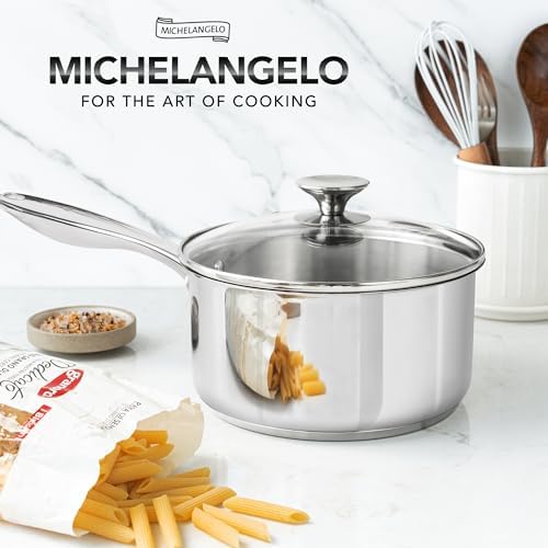 MICHELANGELO 4 Quart Saucepan with Lid, Thick Bottom Stainless Steel Saucepan with Cover, 4 QT Sauce Pot, Induction Ready & Dishwasher Safe