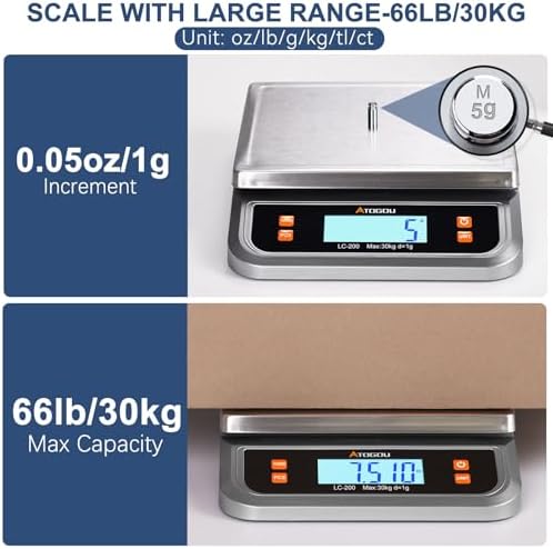 Atogou 66lb Food Scale, Commercial Kitchen Scale Plug-in Usable with Full View LCD Display, Stainless Steel, for Baking, Bread, Cooking, Meat, Vegetables, Farm, Industry LC200 Grey
