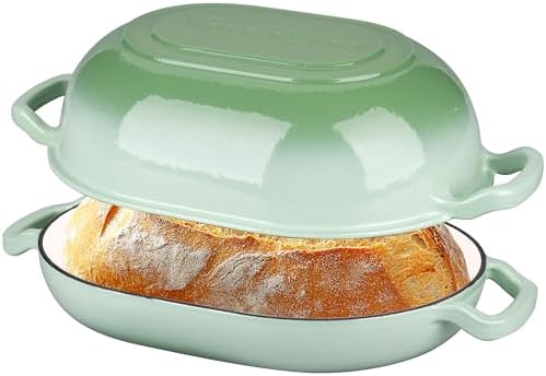 VORRINGARD Enameled Cast Iron Sourdough Bread Oven, Dutch Oven, Loaf Cast Iron Bread Pan for Homemade Bread Baking, Meatloaf Pan with Lid, 7QT, Green