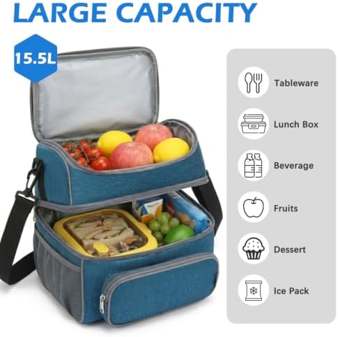 FlowFly Double Layer Cooler Insulated Lunch Bag Adult Lunch Box Large Tote Bag for Men, Women, With Adjustable Strap,Front Pocket and Dual Large Mesh Side Pockets