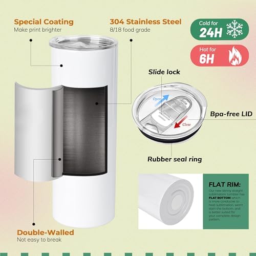 Joyclub 20 oz Sublimation Tumbler Blank 16 Pack Flat Edge Skinny Straight