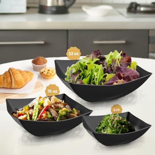 R-kay 6 Pack Square Plastic Serving Bowls - Black Plastic bowls 32 Oz - Premium Black Disposable bowls Heavy Duty For Weddings Catering And Birthday parties