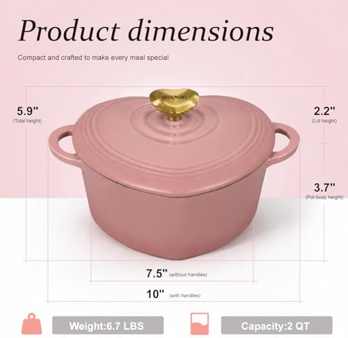 Overmont Enameled Cast Iron Dutch Oven - 2QT Pink Heart-Shaped Mini Pot