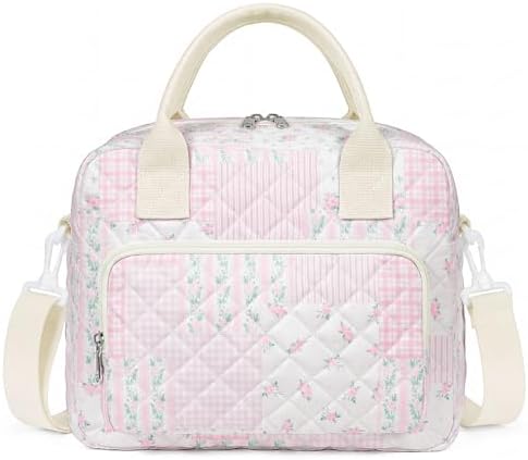WOBAGMEN Quilted Lunch Box for Women, Insulated Lunch Bag for Adult,Cute Lunch Tote Bags for Work Picnic Travel (pink floral pin, M)