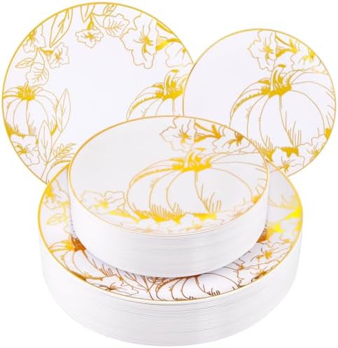 FLOWERCAT 60PCS Thanksgiving Plates & Gold Pumpkin Plates - Including 30PCS 10.25inch Thanksgiving Dinner Plates and 30PCS 7.5inch Dessert Plates for Giving Thanks Theme Party