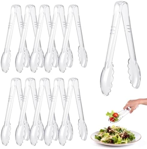 Mwellewm 12 Pc Serving Tongs 9 Inch Bulk Reusable or Disposable Plastic Tongs Heavy Duty Hard Plastic Serving Utensils Set Large Salad Tong for Kitchen Party Food Buffet Appetizer Catering (Clear）