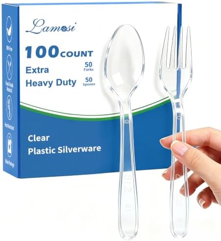 Lamosi 100 Count Extra Heavy Duty Clear Plastic Forks and Spoons