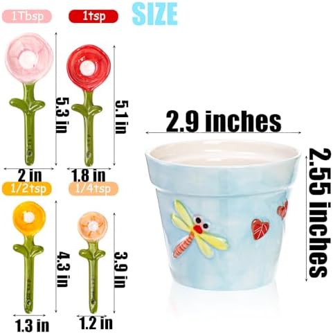 Coloch 5Pcs Ceramic Measuring Spoons and Cup, Flower Baking Scale Spoons with Base Set for Dry and Liquid Ingredient, 1/4 tsp, 1/2 tsp, 1 tsp, 1 Tbsp