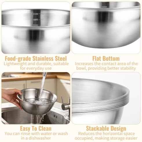 12 Pcs Stainless Steel Mixing Bowls with Graduations, Reusable Metal Mixing Bowls, Stackable Baking Food Storage Containers for Salads, Snacks, Noodles & Meal Prep