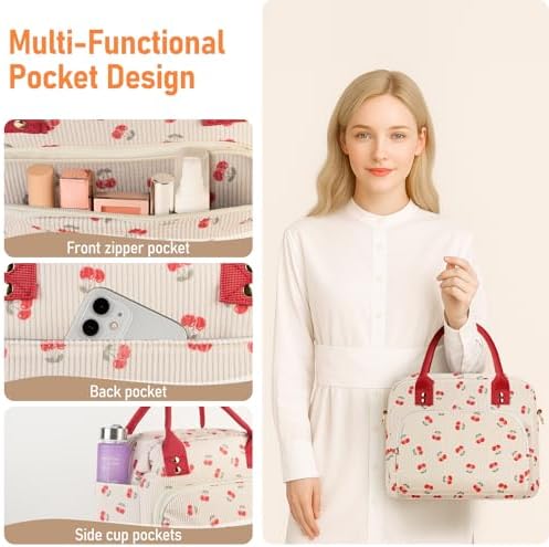 Lunch Bag Large Insulated Lunch Box for Women Men Adult Cute Cherry Lunchbox Corduroy Lunch Bags Boxes Pail with Shoulder Strap for Work Mom Picnic Office Travel 11.4×6.8×9.1 inches 11.5L