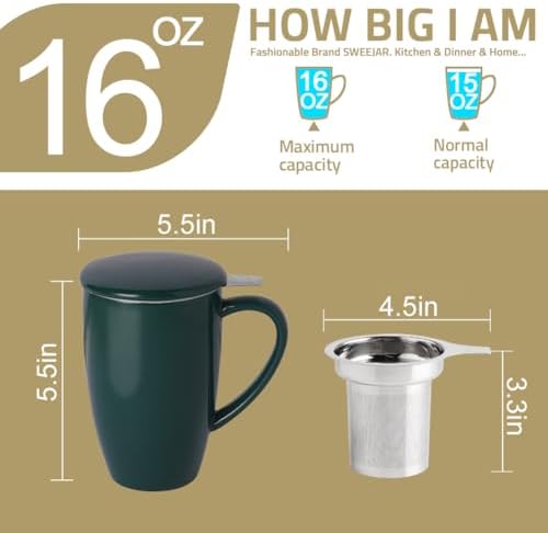 Sweejar Porcelain Tea Infuser Mug with Lid, 16 oz Teacup with Strainers for Loose Leaf Tea, Microwave and Dishwasher Safe Coffee Mug(Pink)