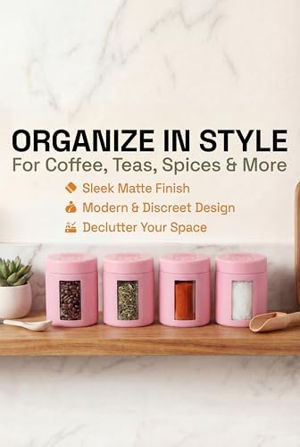 Treehouse Smell Proof Containers (120mL), Jars with Airtight Lids for Herbs, Spices, Coffee and Tea, Air Tight Glass Storage Jars with UV Protection Glass, (Set of 4) (Matte Pink)