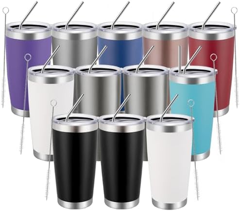 MEWAY 20oz Tumbler 12 Pack Double Wall Vacuum Insulated Travel Mug Bulk, Mix Color Stainless Steel Tumblers with Lid and Straw, Durable Powder Coated Coffee Cups for Cold & Hot Drinks（Color Mix, 12