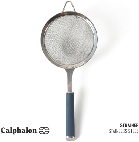 Calphalon Edge Stainless Steel Strainer, Fine Mesh Kitchen Colander Strainer with Thermoplastic Rubber Handle, Sifter for Rinsing, Draining & Straining Food, Navy